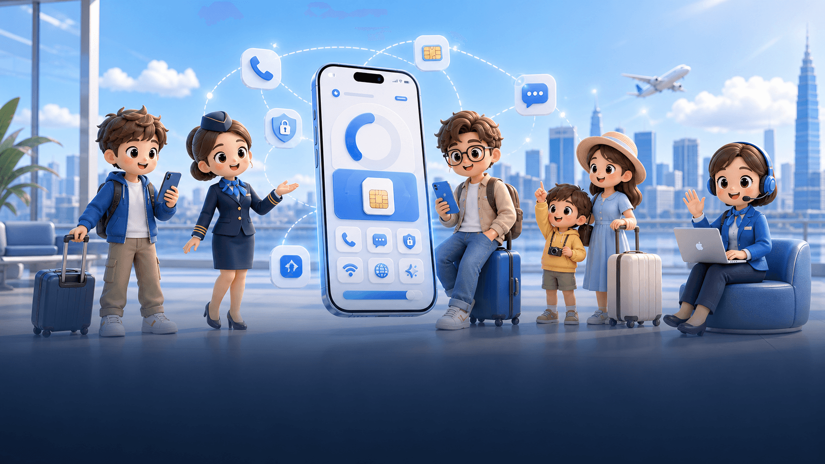 TripTok 앱의 eSIM, VPN, 전화, 문자, AI 여행 기능을 표현한 3D 캐릭터 히어로