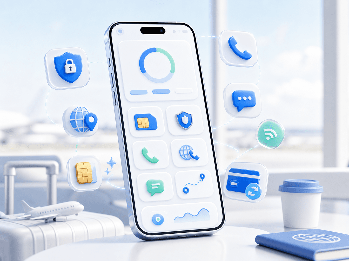 TripTok 앱의 데이터, VPN, 전화, 문자, 현지번호 기능을 보여주는 3D 스마트폰 이미지