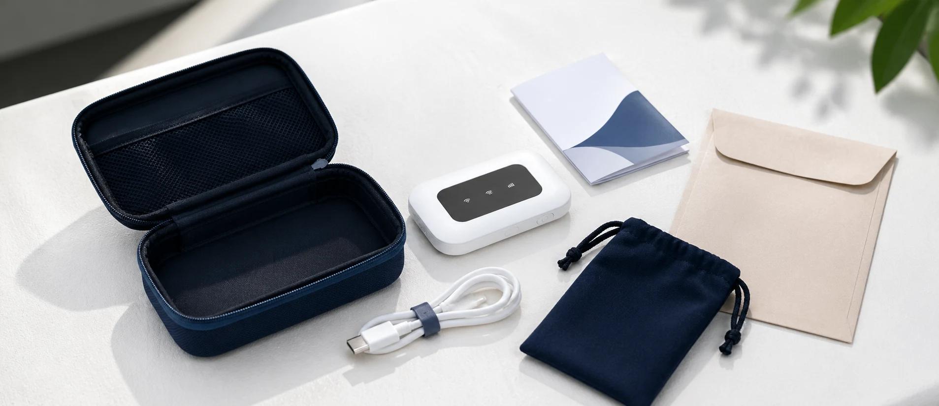 MiFi 본체, 충전 케이블, 안내서, 반납 봉투가 정리된 임대 키트 이미지