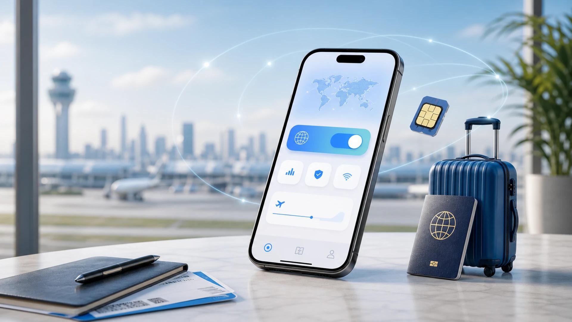 스마트폰, eSIM 카드, 여권, 여행 가방이 놓인 프리미엄 글로벌 연결 이미지